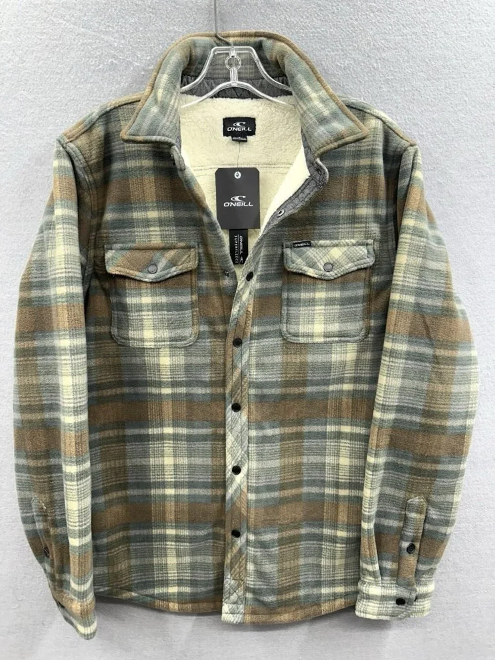 O'Neill Super Fleece Shirt Mens S Shacket Snap Front Spruce Plaid Sherpa Lined